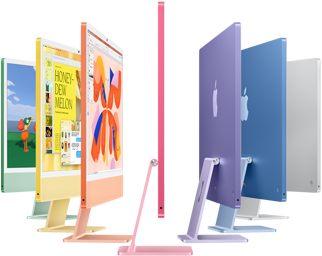 Zeven iMac-modellen in de kleuren groen, geel, oranje, roze, paars, blauw en zilver die worden uitgevouwen als een accordeon