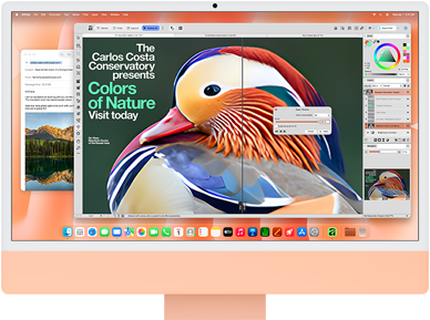 Voorkant van iMac in de kleur oranje, met op het scherm een fotobewerkingsapp met AI-tools, en de Mail-app op de achtergrond