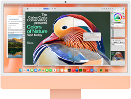 Voorkant van iMac in de kleur oranje, met op het scherm een fotobewerkingsapp met AI-tools, en de Mail-app op de achtergrond