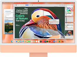 Voorkant van iMac in de kleur oranje, met op het scherm een fotobewerkingsapp met AI-tools, en de Mail-app op de achtergrond