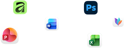 Symbolen van verschillende apps zweven op het scherm, waaronder Microsoft Word, Adobe Photoshop, Canva en Figma