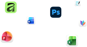 Symbolen van verschillende apps zweven op het scherm, waaronder Microsoft Word, Adobe Photoshop, Canva en Figma