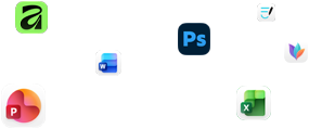 Symbolen van verschillende apps zweven op het scherm, waaronder Microsoft Word, Adobe Photoshop, Canva en Figma