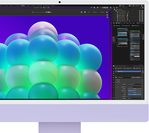 Voorkant van iMac in de kleur paars, met op het scherm een kleurrijke bellenstructuur in een fotobewerkingsapp