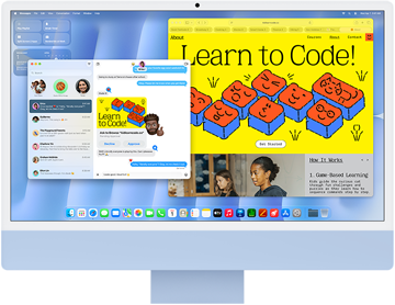 Voorkant van iMac in de kleur blauw, met op het scherm de Berichten-app en een website over leren programmeren
