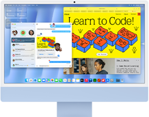 Voorkant van iMac in de kleur blauw, met op het scherm de Berichten-app en een website over leren programmeren