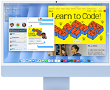 Voorkant van iMac in de kleur blauw, met op het scherm de Berichten-app en een website over leren programmeren