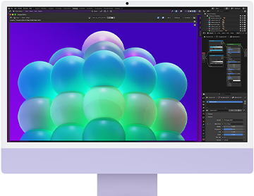 Voorkant van iMac in de kleur paars, met op het scherm een kleurrijke bellenstructuur in een fotobewerkingsapp