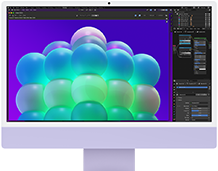 Voorkant van iMac in de kleur paars, met op het scherm een kleurrijke bellenstructuur in een fotobewerkingsapp