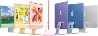 Zeven iMac-modellen in de kleuren groen, geel, oranje, roze, paars, blauw en zilver, in een accordeonopstelling
