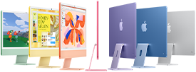 Zeven iMac-modellen in de kleuren groen, geel, oranje, roze, paars, blauw en zilver, in een accordeonopstelling