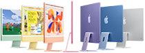 Zeven iMac-modellen in de kleuren groen, geel, oranje, roze, paars, blauw en zilver, in een accordeonopstelling