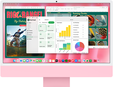 Voorkant van iMac in de kleur roze, met op het scherm meerdere geopende apps