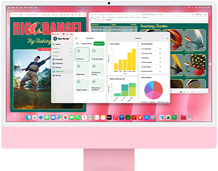 Voorkant van iMac in de kleur roze, met op het scherm meerdere geopende apps