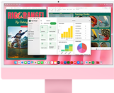 Voorkant van iMac in de kleur roze, met op het scherm meerdere geopende apps