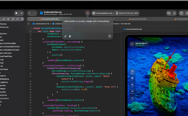 MacBook Pro screen showing Xcode open to an underwater survey app project, with an AI-generated code suggestion