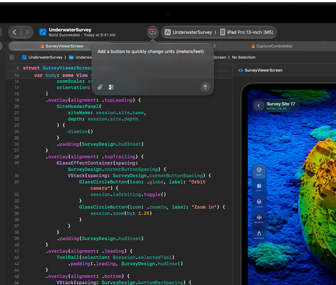 MacBook Pro screen showing Xcode open to an underwater survey app project, with an AI-generated code suggestion