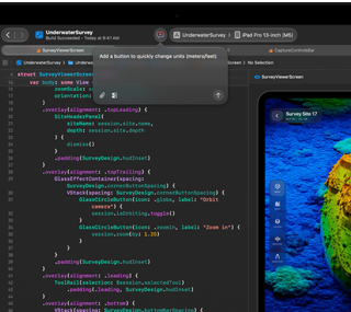 MacBook Pro screen showing Xcode open to an underwater survey app project, with an AI-generated code suggestion
