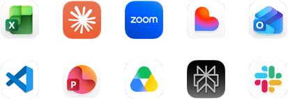 Ten app icons in two rows: Excel, Claude, Zoom, Lovable, Outlook, VS Code, PowerPoint, Google Drive, Perplexity, Slack