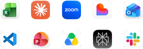 Ten app icons in two rows: Excel, Claude, Zoom, Lovable, Outlook, VS Code, PowerPoint, Google Drive, Perplexity, Slack