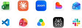 Ten app icons in two rows: Excel, Claude, Zoom, Lovable, Outlook, VS Code, PowerPoint, Google Drive, Perplexity, Slack
