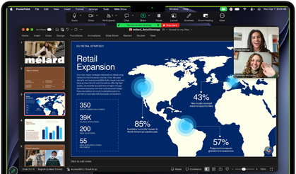 MacBook Pro screen showing a PowerPoint presentation shared during a Zoom call, with slide 3 open to a Retail Expansion slide featuring a world map and key business statistics