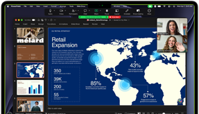 MacBook Pro screen showing a PowerPoint presentation shared during a Zoom call, with slide 3 open to a Retail Expansion slide featuring a world map and key business statistics