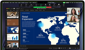 MacBook Pro screen showing a PowerPoint presentation shared during a Zoom call, with slide 3 open to a Retail Expansion slide featuring a world map and key business statistics