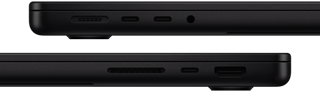 Showing the ports on MacBook Pro, left side: MagSafe, two Thunderbolt ports and headphone jack, right side: SDXC, one Thunderbolt port and HDMI