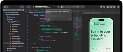 MacBook Pro, Xcode, code editor shows comment: Connect the app to Apple Intelligence, iPhone preview, Quantum College Hospital app, text reads: Say hi to your scheduling assistant, buttons: View open shifts, Swap my next shift