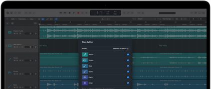 MacBook Pro, Logic Pro, waveform tracks, Stem Splitter panel, categories: vocals, drums, bass, other, each with separate audio waveform