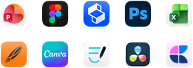 Tien appsymbolen verdeeld over twee rijen: PowerPoint, Figma, Shapr3D, Photoshop, Excel, Linearity, Canva, GoodNotes, DaVinci Resolve, Craft