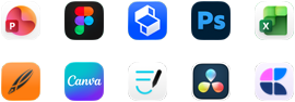 Tien appsymbolen verdeeld over twee rijen: PowerPoint, Figma, Shapr3D, Photoshop, Excel, Linearity, Canva, GoodNotes, DaVinci Resolve, Craft