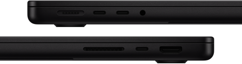 De poorten op MacBook Pro — links: MagSafe, twee Thunderbolt-poorten en een mini‑jack-aansluiting — rechts: SDXC, één Thunderbolt-poort en HDMI