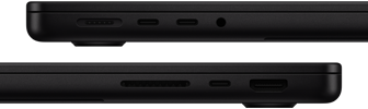 De poorten op MacBook Pro — links: MagSafe, twee Thunderbolt-poorten en een mini‑jack-aansluiting — rechts: SDXC, één Thunderbolt-poort en HDMI