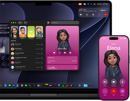 MacBook Pro en iPhone, Telefoon-app geopend, op beide schermen staat dezelfde contactpersoon