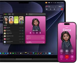 MacBook Pro en iPhone, Telefoon-app geopend, op beide schermen staat dezelfde contactpersoon