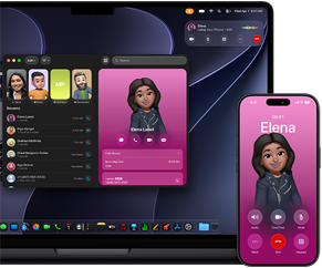 MacBook Pro en iPhone, Telefoon-app geopend, op beide schermen staat dezelfde contactpersoon