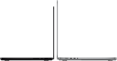 14‑inch MacBook Pro, kleur spacezwart, naast 16‑inch MacBook Pro, kleur zilver