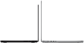 14‑inch MacBook Pro, kleur spacezwart, naast 16‑inch MacBook Pro, kleur zilver