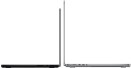 14‑inch MacBook Pro, kleur spacezwart, naast 16‑inch MacBook Pro, kleur zilver