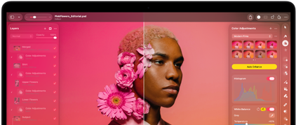 MacBook Pro-scherm met een foto van een persoon die wordt bewerkt in Pixelmator Pro