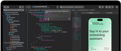 MacBook Pro, Xcode, in de code-editor staat een opmerking: Koppel de app met Apple Intelligence, iPhone-preview, Quantum College Hospital-app, tekst luidt: Zeg hallo tegen je planningsassistent, knoppen: Bekijk open diensten, Wissel mijn volgende dienst om
