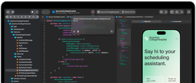 MacBook Pro, Xcode, in de code-editor staat een opmerking: Koppel de app met Apple Intelligence, iPhone-preview, Quantum College Hospital-app, tekst luidt: Zeg hallo tegen je planningsassistent, knoppen: Bekijk open diensten, Wissel mijn volgende dienst om